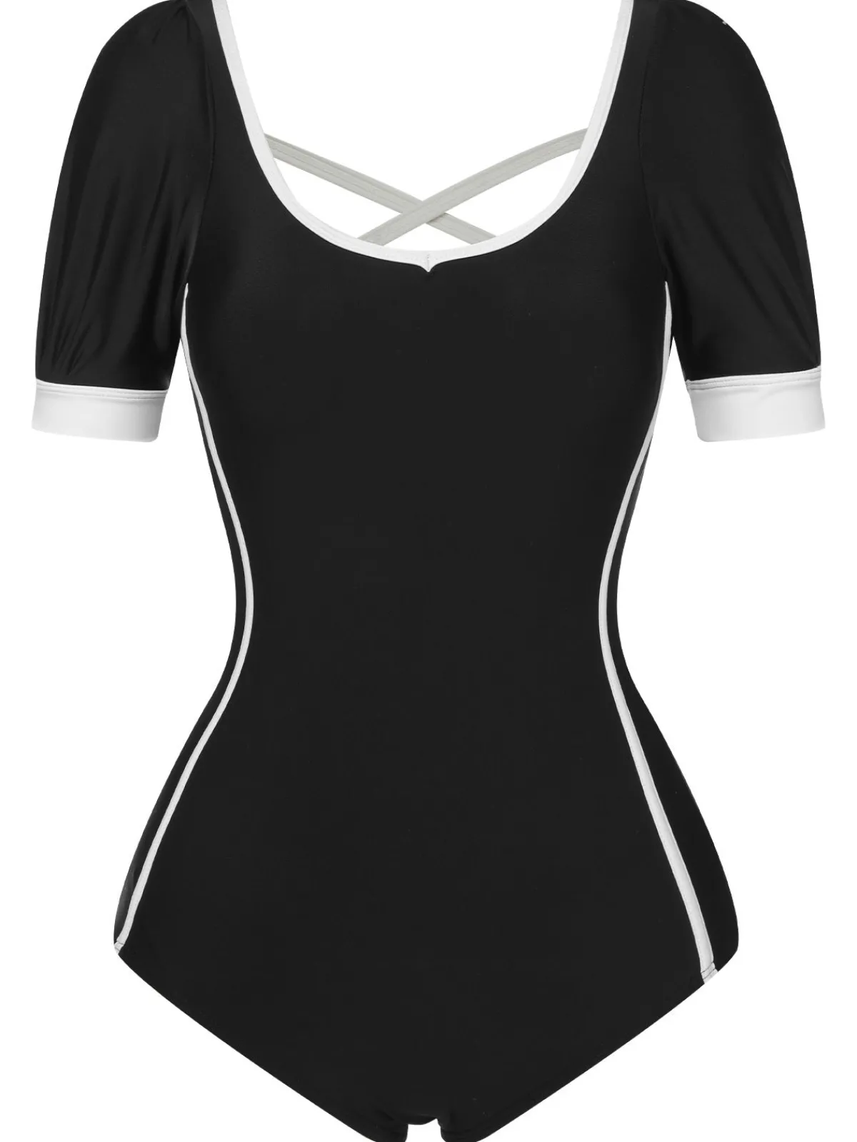 Online Retro Stage 1960s Puff Sleeves One-Piece Swimsuit Black
