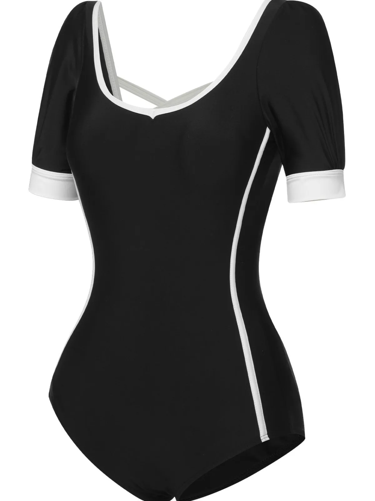 Online Retro Stage 1960s Puff Sleeves One-Piece Swimsuit Black