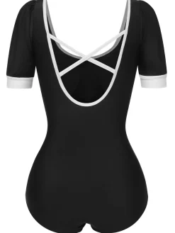 Online Retro Stage 1960s Puff Sleeves One-Piece Swimsuit Black