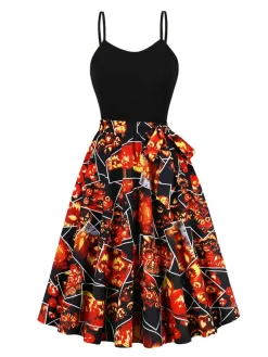 Online Retro Stage 1950s Pumpkin Halloween Swing Dress & Bolero Jacket Black