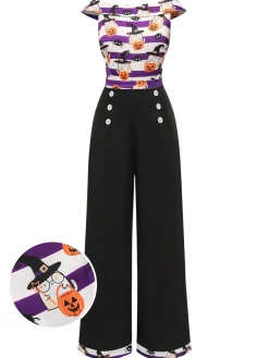 Hot Retro Stage 1950s Pumpkin Off Shoulder Patchwork Jumpsuit Black