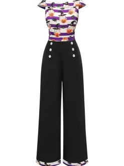 Hot Retro Stage 1950s Pumpkin Off Shoulder Patchwork Jumpsuit Black