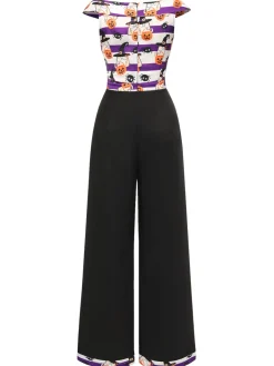 Hot Retro Stage 1950s Pumpkin Off Shoulder Patchwork Jumpsuit Black