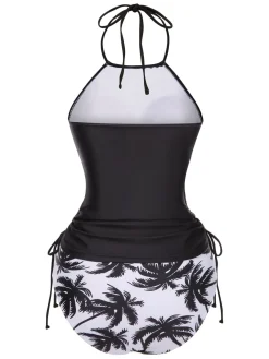 Sale Retro Stage Black 1980s Punk Halter Skeleton Beach Print Bikini Set