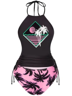 Fashion Retro Stage Black 1980s Punk Halter Skeleton Beach Print Bikini Set