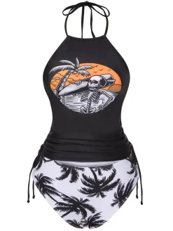 Fashion Retro Stage Black 1980s Punk Halter Skeleton Beach Print Bikini Set