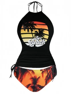 Fashion Retro Stage Black 1980s Punk Halter Skeleton Beach Print Bikini Set