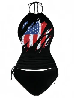 Fashion Retro Stage Black 1980s Punk Halter Skeleton Beach Print Bikini Set