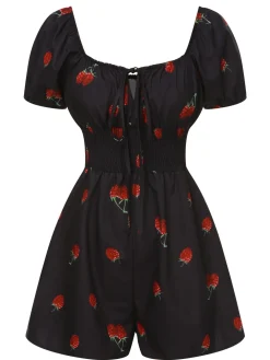 Outlet Retro Stage 1950s Raspberry Puff Sleeves Romper Black