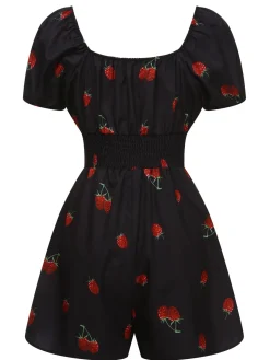 Outlet Retro Stage 1950s Raspberry Puff Sleeves Romper Black