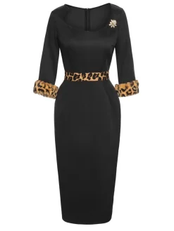 Discount Retro Stage 1960s Raw Hem Leopard Asymmetric Wrap Dress Black