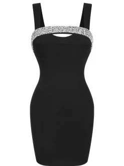 Outlet Retro Stage 1960s Rhinestone Patchwork Neck Mini Dress Black