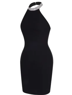 Discount Retro Stage 1960s Rhinestone Solid Halter Dress Black