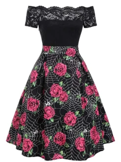 Discount Retro Stage 1950s Rose Cobweb Costume Dress Black