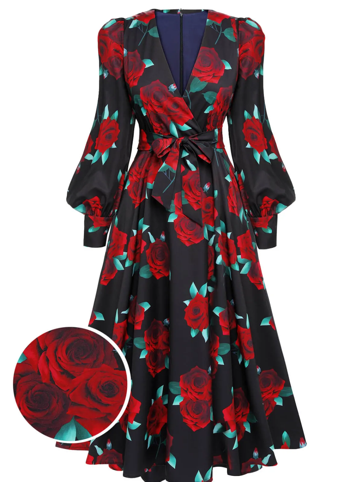 Sale Retro Stage 1940s Rose Lantern Sleeve Lace-Up Dress Black