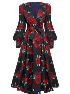Sale Retro Stage 1940s Rose Lantern Sleeve Lace-Up Dress Black
