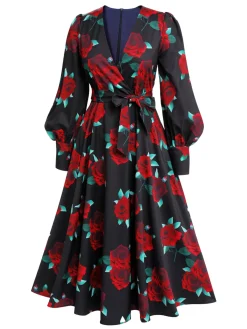 Sale Retro Stage 1940s Rose Lantern Sleeve Lace-Up Dress Black