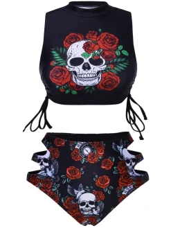 Best Retro Stage 1970s Rose Skull Lace -Up Tankini Black