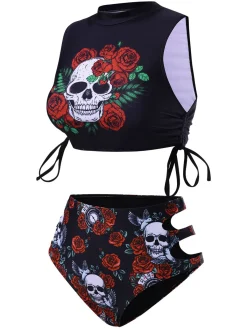 Best Retro Stage 1970s Rose Skull Lace -Up Tankini Black