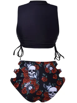 Best Retro Stage 1970s Rose Skull Lace -Up Tankini Black