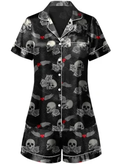 Clearance Retro Stage 1970s Rose Skull Lapel Pajamas Black