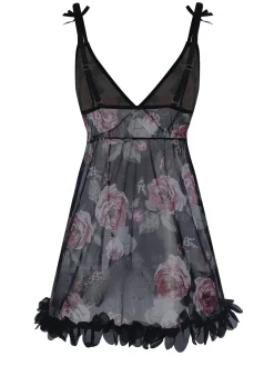 Best Retro Stage 1970s Rose Tulle Lace Trim Nightgown Black