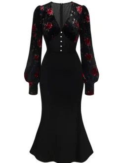 Online Retro Stage 1930s Rose Velvet Fishtail Dress Black