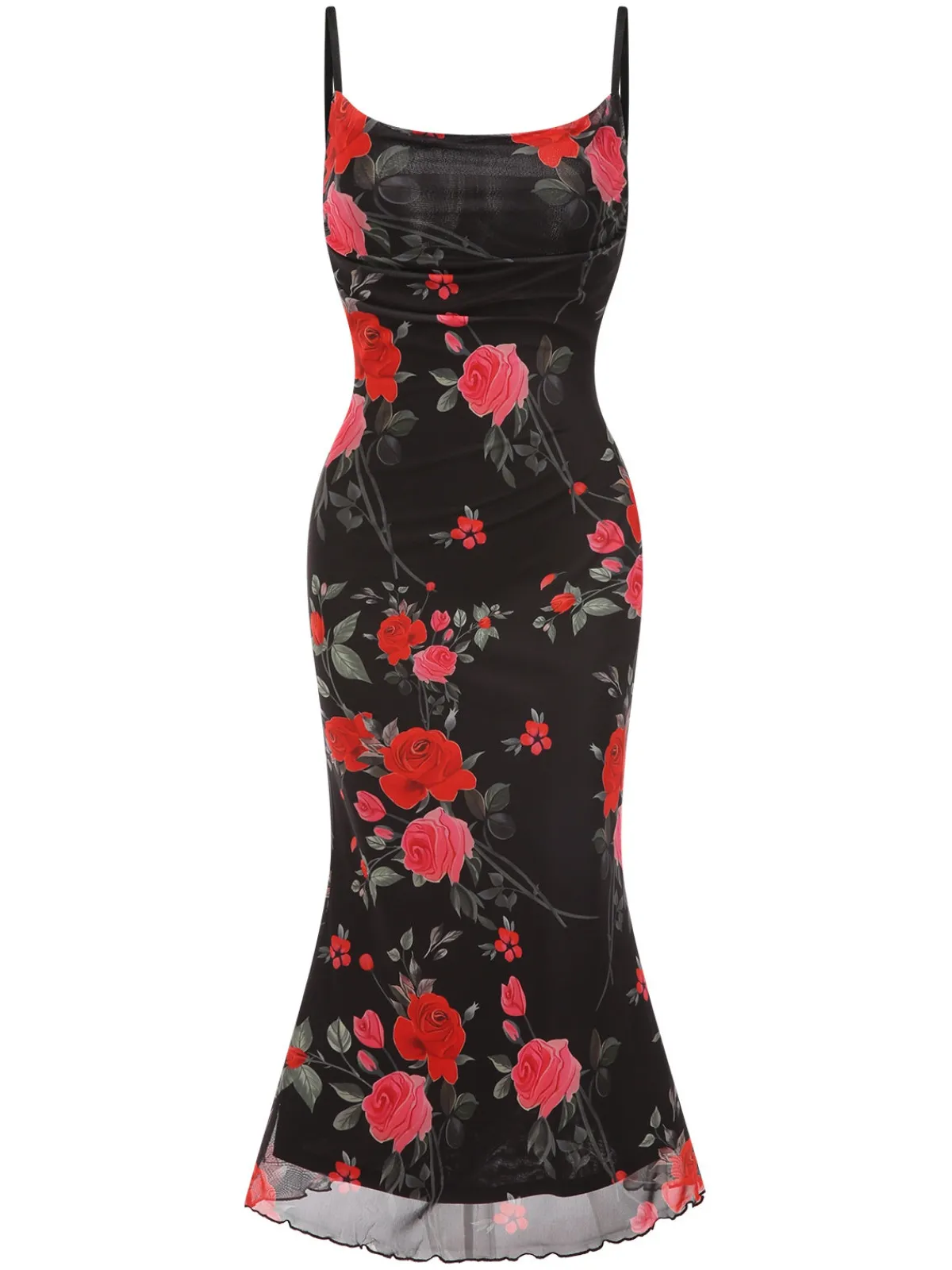 Online Retro Stage 1930s Roses Mesh Straps Mermaid Dress Black
