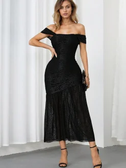 Clearance Retro Stage 1970s Roses Textured Lace Dress Black