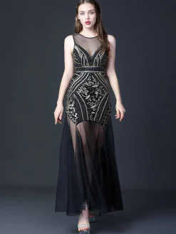 Sale Retro Stage 1920s Round Neck Sheer Beading Dress Black