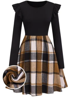 New Retro Stage 1960s Ruffed Plaid Patchwork Skater Dress Black
