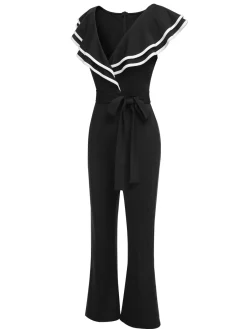 Fashion Retro Stage 1930s Ruffle Lapel Bootcut Jumpsuit Black