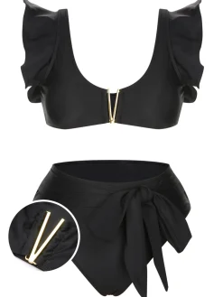 Fashion Retro Stage 1950s Ruffle Sleeve Split Swimsuit Black