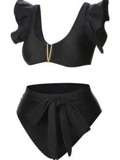 Fashion Retro Stage 1950s Ruffle Sleeve Split Swimsuit Black