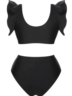 Fashion Retro Stage 1950s Ruffle Sleeve Split Swimsuit Black