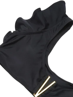 Fashion Retro Stage 1950s Ruffle Sleeve Split Swimsuit Black
