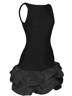Clearance Retro Stage 1960s Satin Bubble Hem Boat Neck Dress Black