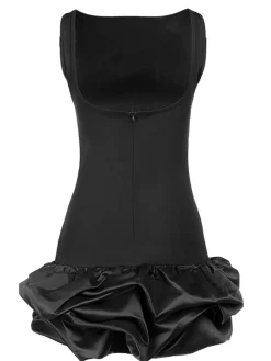 Clearance Retro Stage 1960s Satin Bubble Hem Boat Neck Dress Black