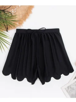 Clearance Retro Stage 1950s Scallop Trim Solid Bikini Shorts Black