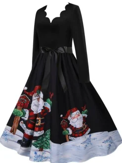 Fashion Retro Stage 1950s Scalloped Neck Christmas Santa Belted Dress Black