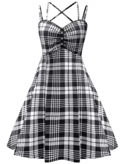 New Retro Stage 1950s Scottish Plaid Straps Dress Black