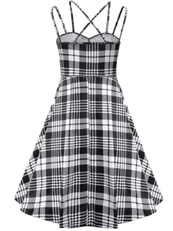 New Retro Stage 1950s Scottish Plaid Straps Dress Black