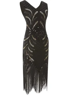 Fashion Retro Stage 1920s Sequin Fringed Gatsby Dress Black