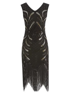 Fashion Retro Stage 1920s Sequin Fringed Gatsby Dress Black