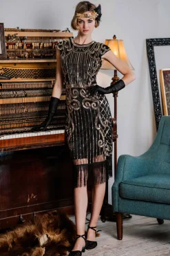 New Retro Stage 1920s Sequined Flapper Dress Black