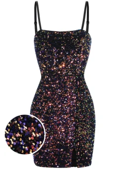 Discount Retro Stage 1960s Sequined Straps Pencil Dress Black