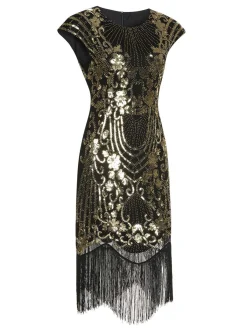 Outlet Retro Stage 1920s Sequined Tassel Cap Sleeve Dress Black