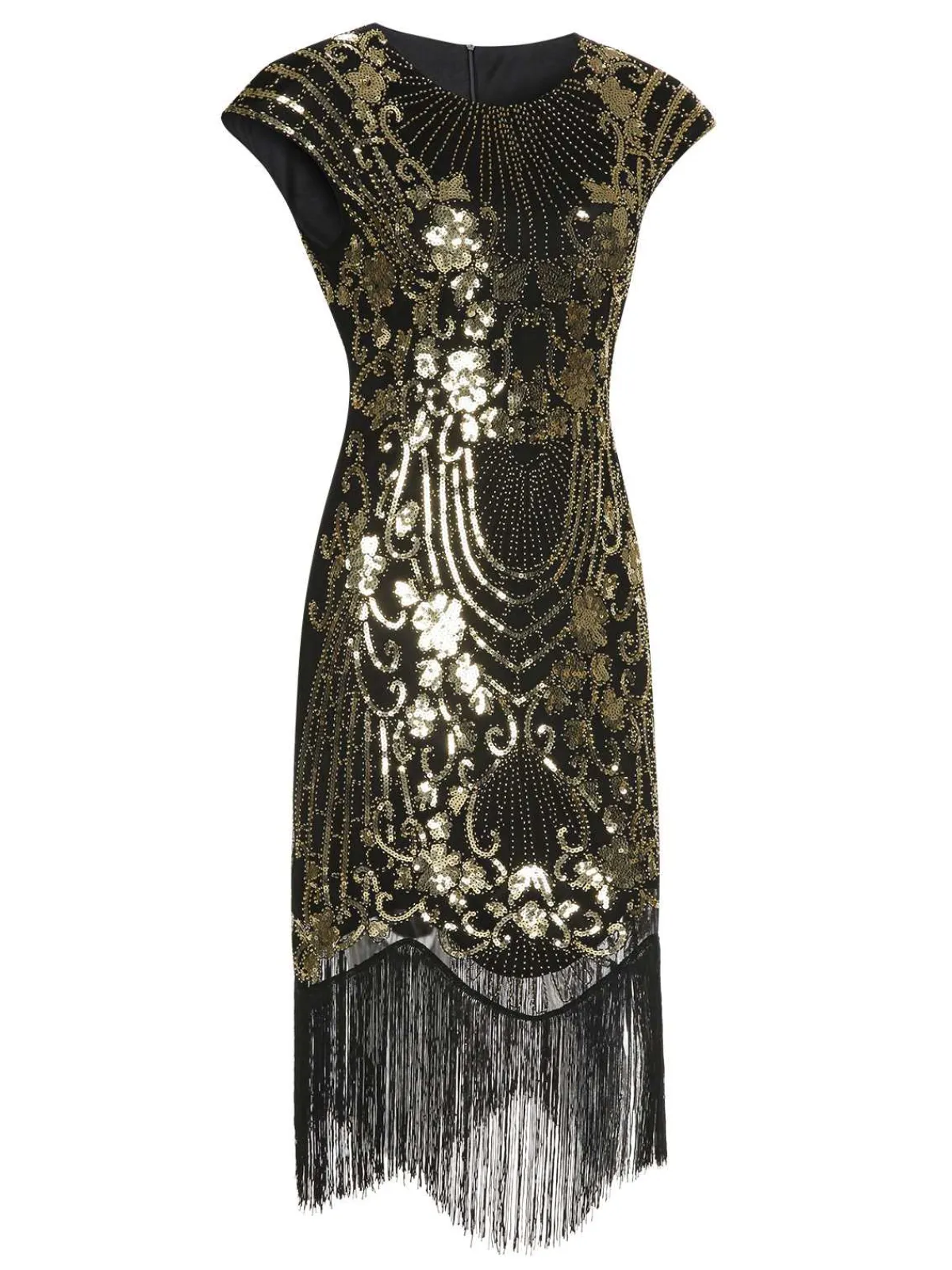 Outlet Retro Stage 1920s Sequined Tassel Cap Sleeve Dress Black