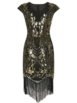 Outlet Retro Stage 1920s Sequined Tassel Cap Sleeve Dress Black