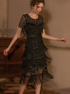 Best Retro Stage 1920s Sequined Tassel Flapper Dress Black